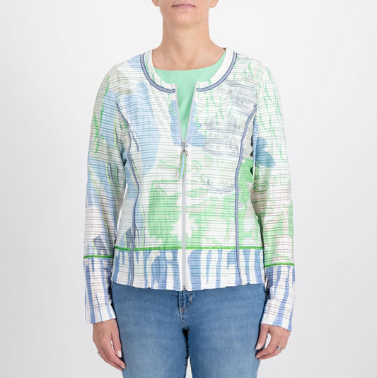 Just White Blue and Green Print Zip Jacket