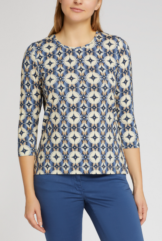 Gollehaug Cream Print Blue Round Neck Jersey Top