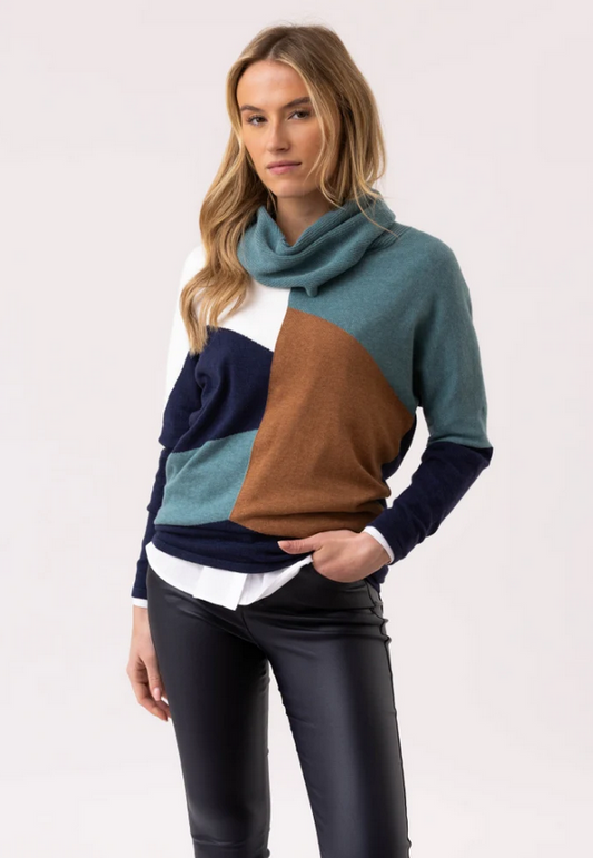 Marble Teal and Cognac Cowl Knit Jumper