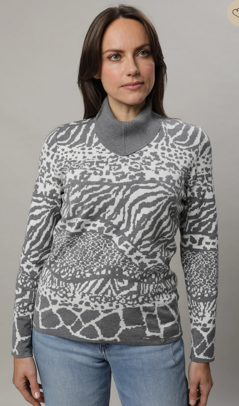 Gollehaug Grey and Cream Intarsia Knit Jumper