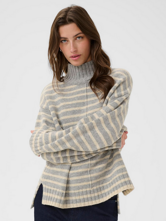 Part Two Grey and Cream Striped Wool High Neck Knit