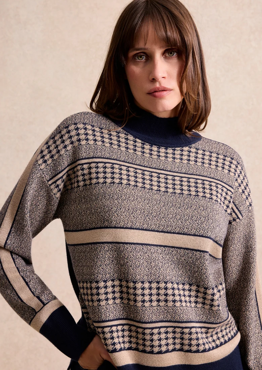 LEO&UGO Houndstooth Patterned Navy Knit Sweater