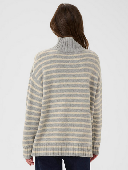 Part Two Grey and Cream Striped Wool High Neck Knit