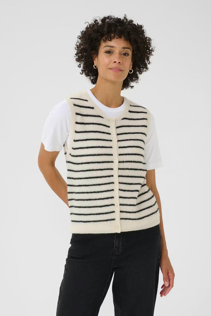 Part Two Cream Navy Stripe Sleeveless Knit Cardigan