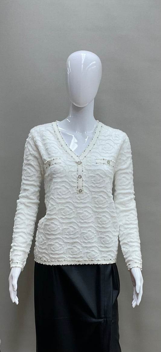 Leo&Ugo White Embellished Knit Jumper